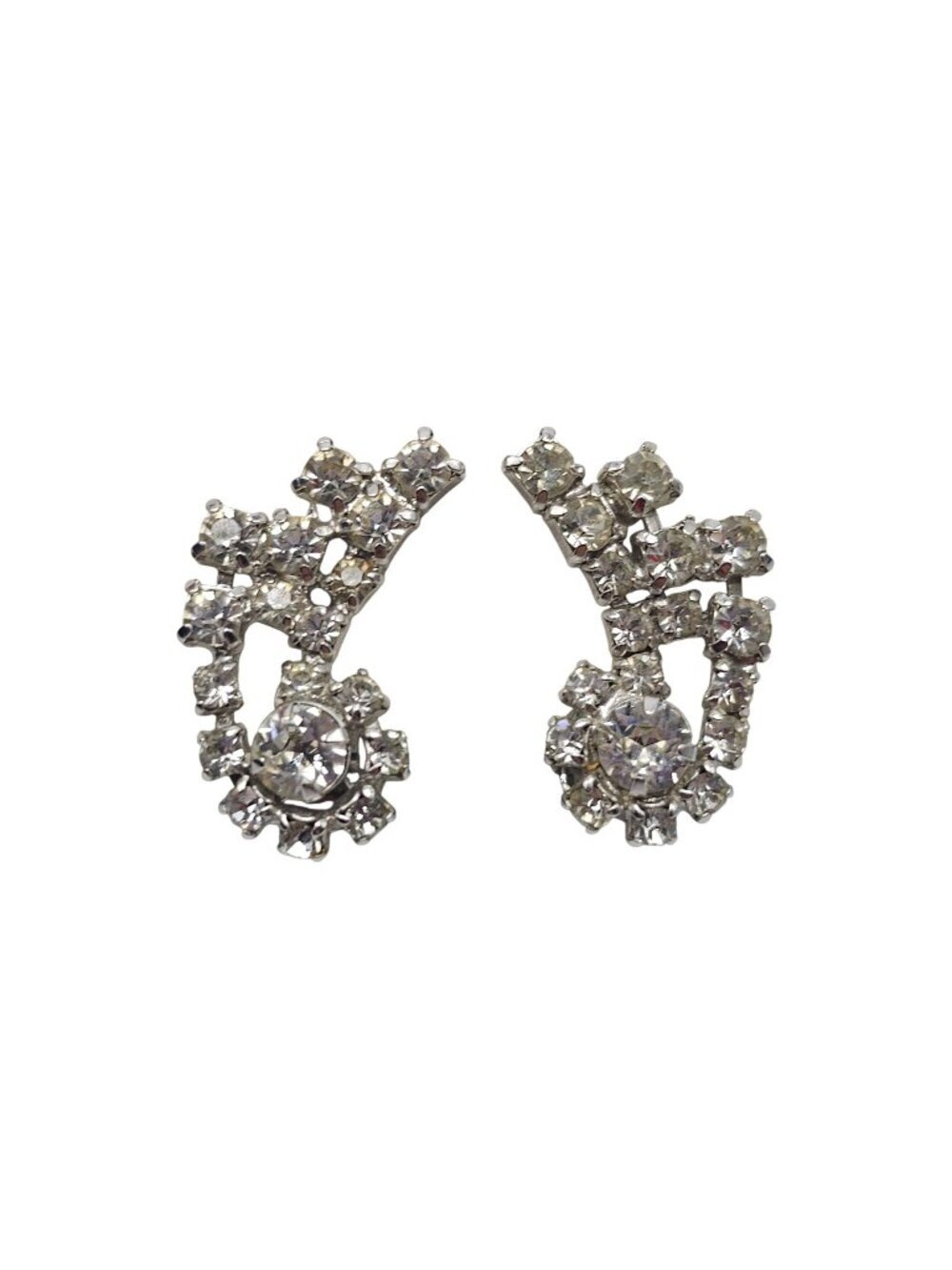 Vintage Clear Rhinestone Firework Clip-On Earrings Sparkling Crystal 1.5 Inches